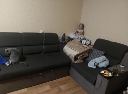 Перетяжка с заменой цвета обивки углового раскладного дивана с полочками фото 1