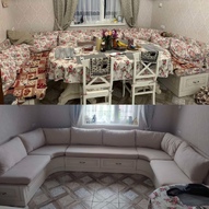 Перетяжка и реставрация большого П-образного кухонного уголка фото 1